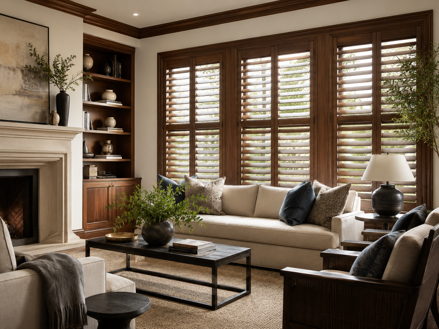 Plantation shutters in a living room